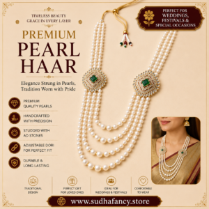 Premium Multi Layer Pearl Haar Necklace with AD Stone Pendant and Adjustable Dori for Traditional and Wedding Wear